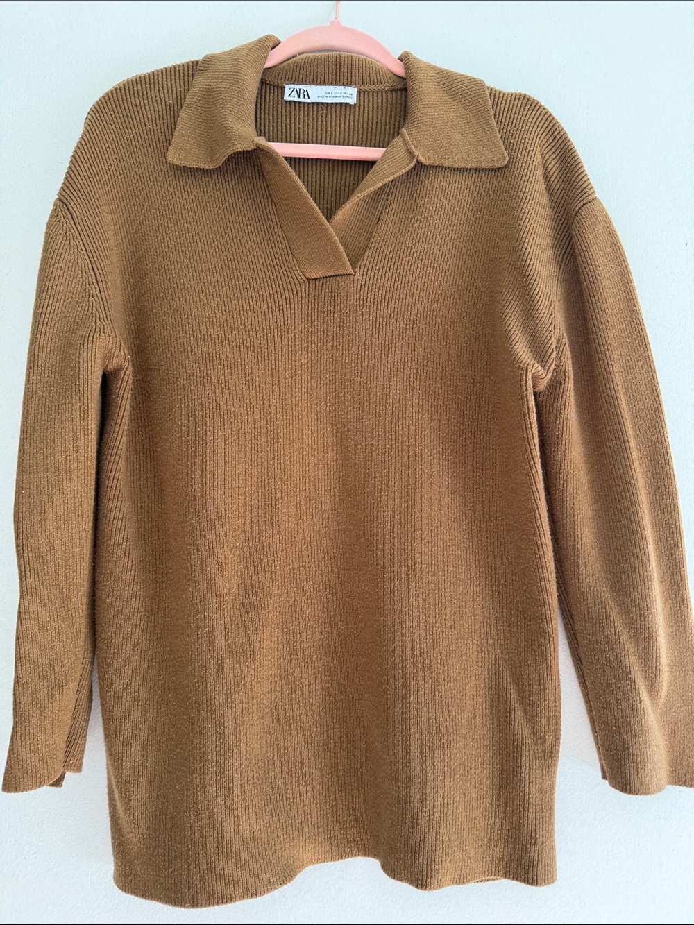 Zara Camel Brown Knit Polo-Style Sweater